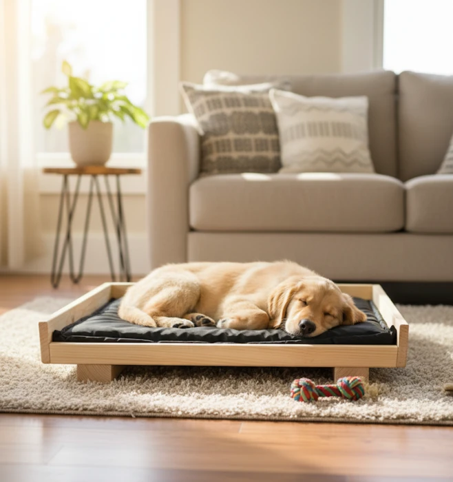 מיטה לכלבים עם כרית - עץ אורן מלא דגם TIBO