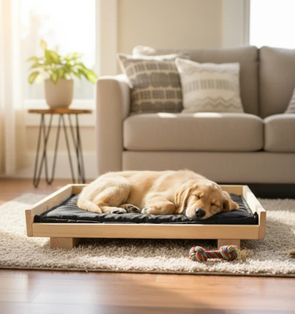 מיטה לכלבים עם כרית - עץ אורן מלא דגם TIBO